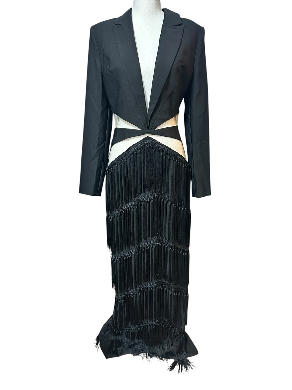Black Cutout Fringe Maxi Dress with Blazer Bodice